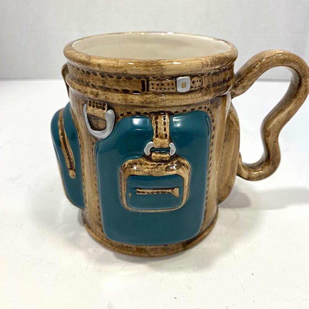Vintage Golf Bag Mug 3D Figural Ceramic Brown Teal Made in Taiwan Novelty